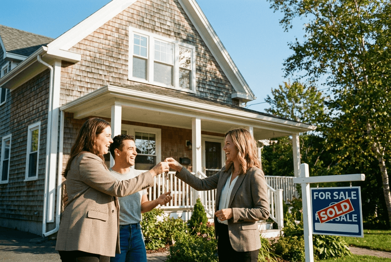 Agent handing keys to new homeowners
